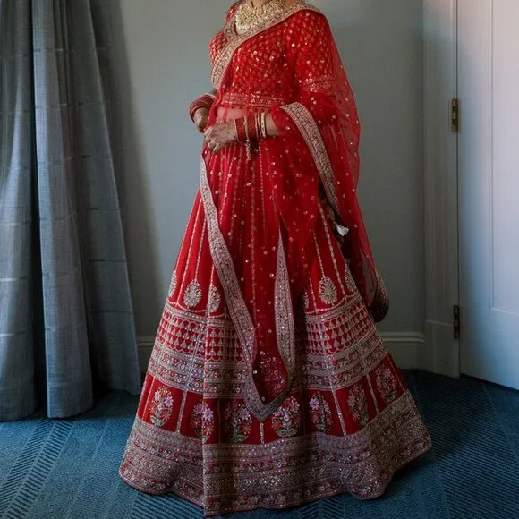 Red Bridal embroidered Lehenga - Picture 3 of 5